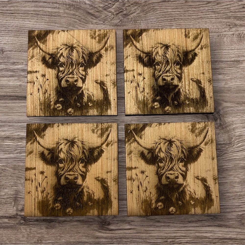 Handmade Laser Engraved Highland Cow Coasters Home Decor